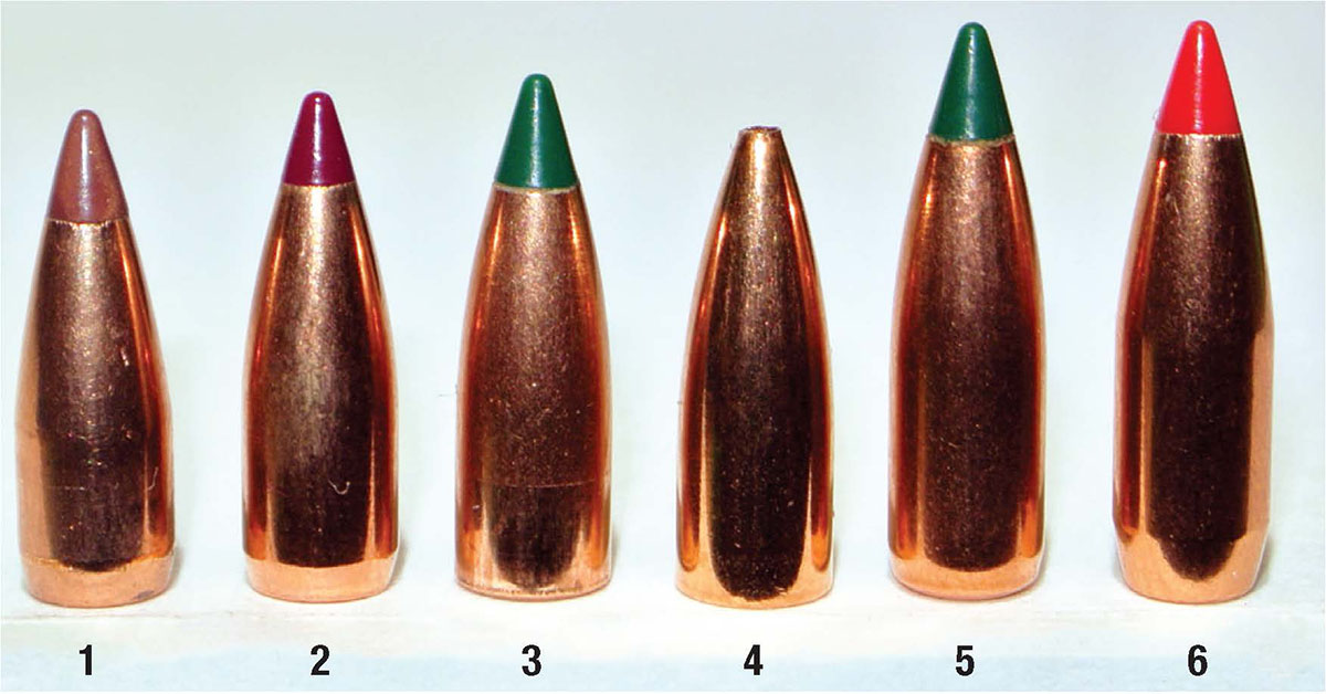 Six bullets were tested: (1) Hornady 24-grain NTX Lead Free, (2) Nosler 32 Ballistic Tip Varmint, (3) Sierra 32 BlitzKing, (4) Berger 35 Hollow Point Flat Base, (5) Sierra 39 BlitzKing and (6) Hornady 40-grain V-MAX.